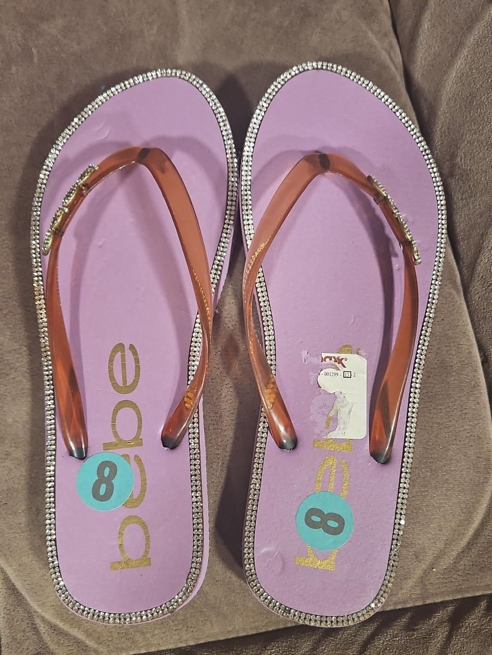 bebe Lavender Flip Flop Sandals with Amber Straps and Rhinestone Edge